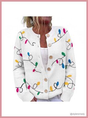 Women's Christmas Lights Knit Cardigan Button Front Long Sleeve Sweater